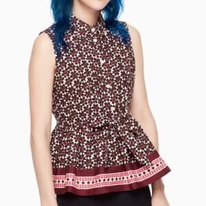 KATE SPADE Floral Tile Peplum Top Rambling Roses Deep Cocoa Size XS